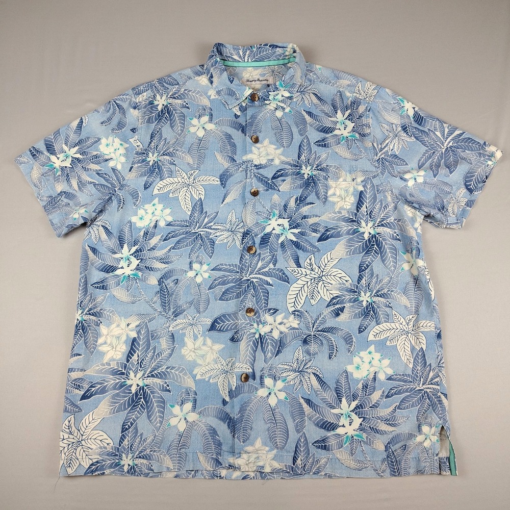 Tommy Bahama Men's Large 100% Silk Hawaiian Shirt Blue Floral Tropical Collared